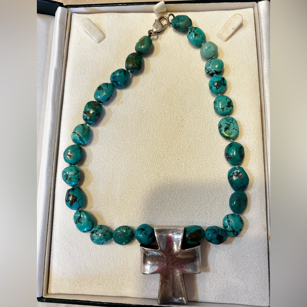 Turquoise Necklace with Silver Cross Pendant